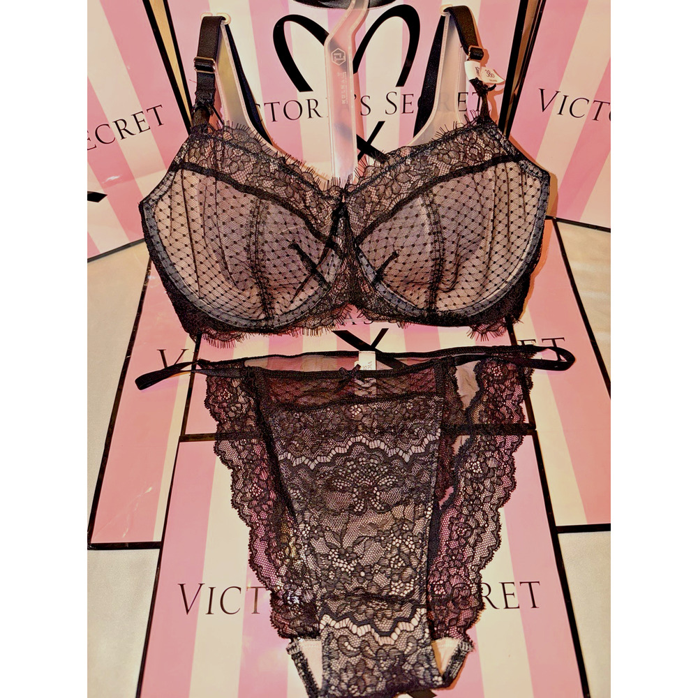 Victoria's Secret Bra Dream Angels 38D Large Panty Black Lace - Picture 1 of 6
